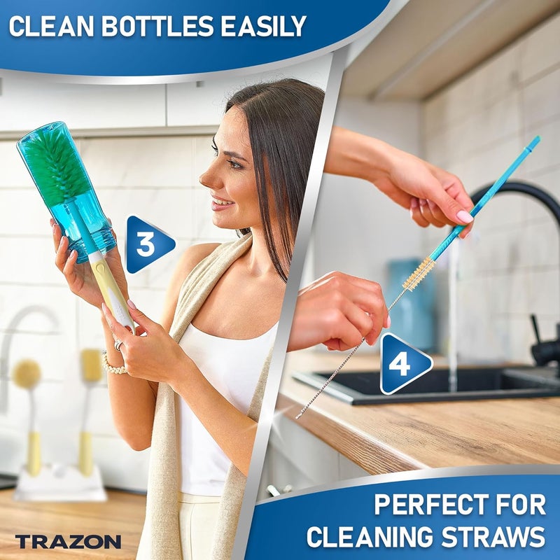 Trazon Dish Brush Set of 5 with Holder - Kitchen Scrub Brushes with Non-Slip Long Handle for Cleaning, Scrubber, Dishwashing, Dishes, Bottles, Straws, Cups, Pots & Sink, Baige - Image 4